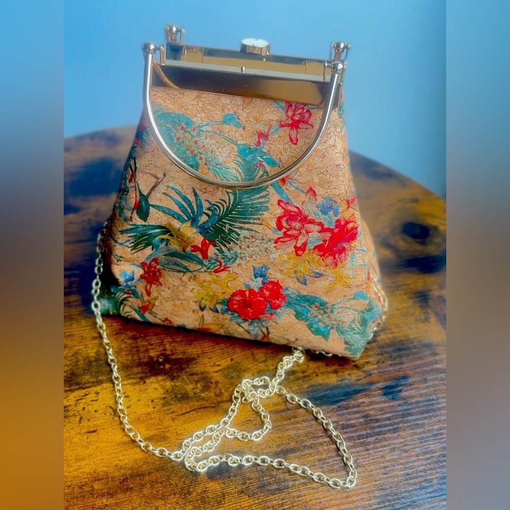 Cork Floral Mini Bag Gold Chain Crossbody Clutch Boho Purse